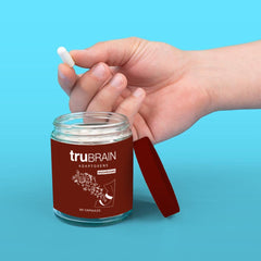 TruBrain ingredients image highlights lions-mane, rhodiola, and guayusa for alertness.