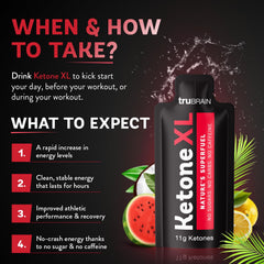 TruBrain Ketone XL lemonade shot on gym bench illustrating sustained energy during workouts