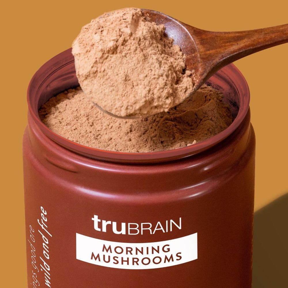 TruBrain Morning Mushrooms packaging highlights superfood blend