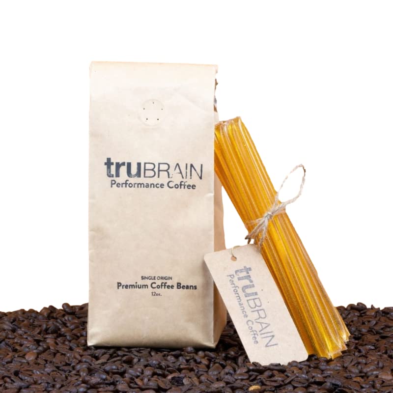 TruBrain nootropic coffee enhancer bottle close-up highlighting a focus-boosting blend.