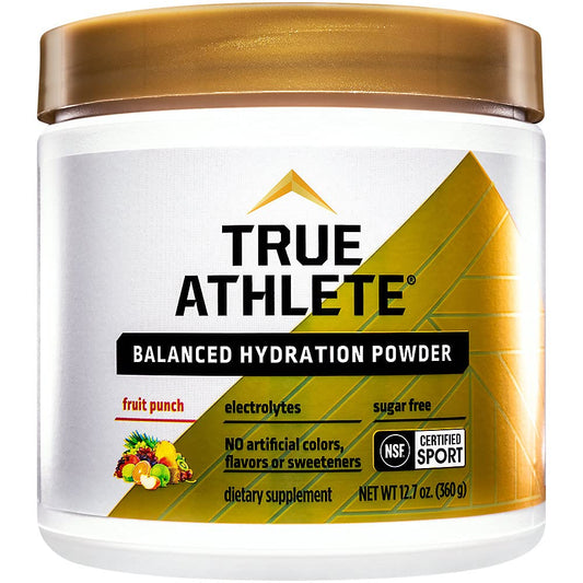 Front view of True Athlete Balanced Hydration powder in fruit punch for pre-workout hydration