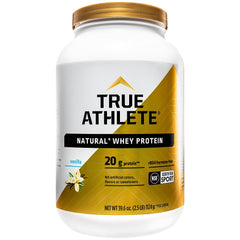 True Athlete Natural Whey Protein Vanilla bottle front highlighting 20g protein per serving for workouts