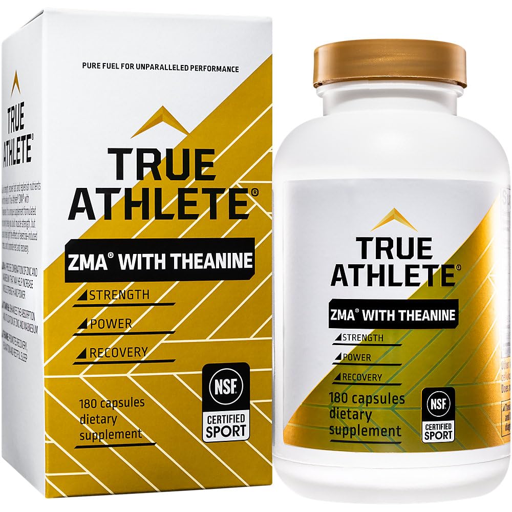 True Athlete ZMA L-Theanine capsules bottle for evening recovery.
