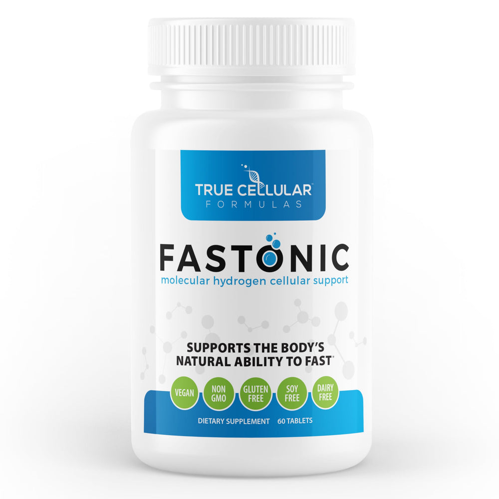True Cellular Formulas Fastonic bottle closeup for easy fasting support.