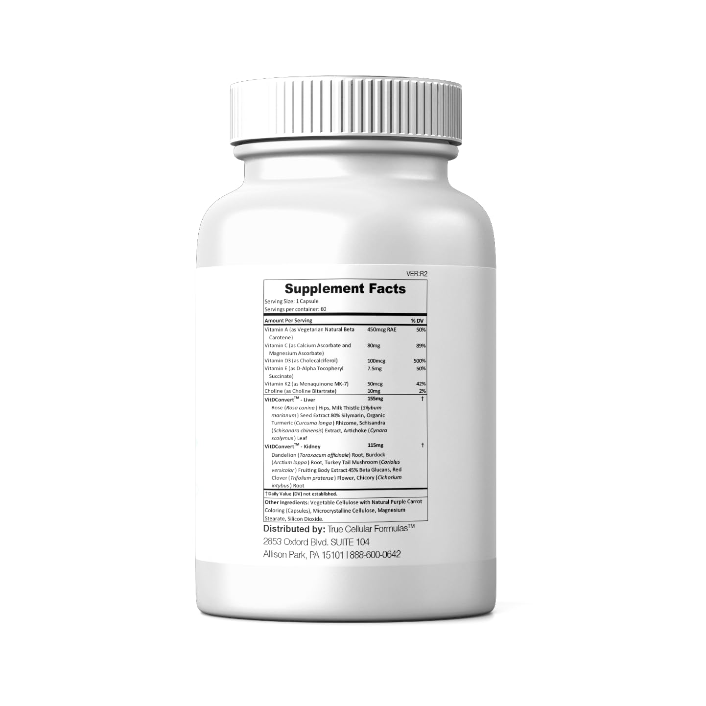 True Cellular Formulas VITDRestore+ bottle back - VitDConvert technology and nutrient synergy explained