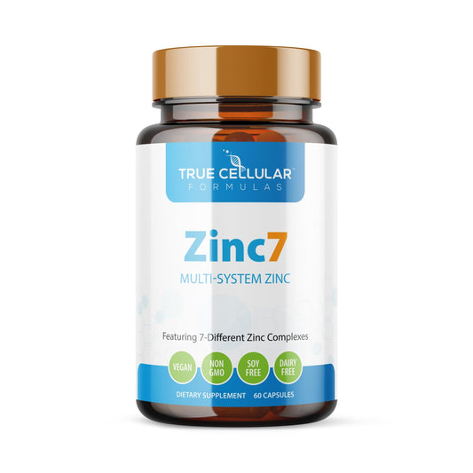 True Cellular Formulas Zinc7 bottle on desk, supporting daily immune wellness.