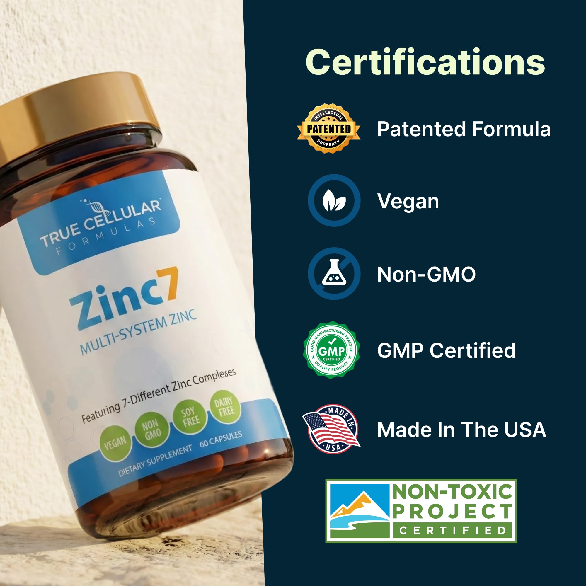 True Cellular Formulas Zinc7 label highlights 50 mg per capsule dose.