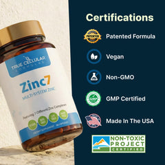 True Cellular Formulas Zinc7 label highlights 50 mg per capsule dose.