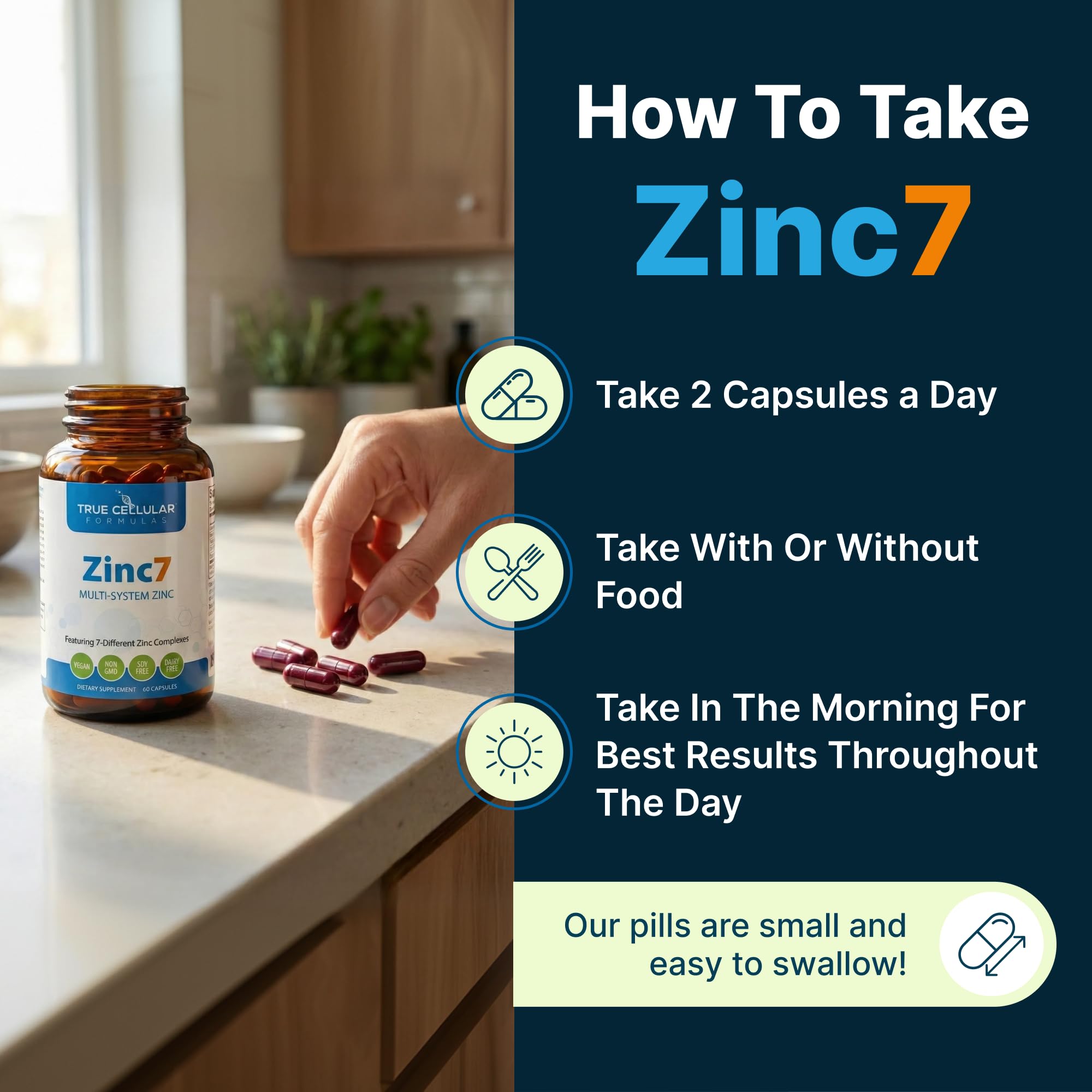 True Cellular Formulas Zinc7 morning routine scene suggesting daily vitality.