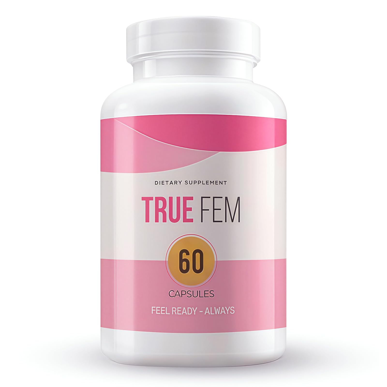 TRUE FEM 13-in-1 bottle label shows vegan, non-GMO botanical blend for daily balance.