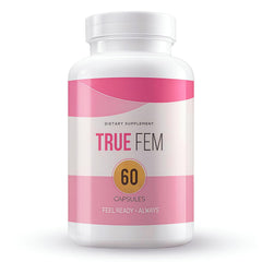 TRUE FEM 13-in-1 bottle label shows vegan, non-GMO botanical blend for daily balance.