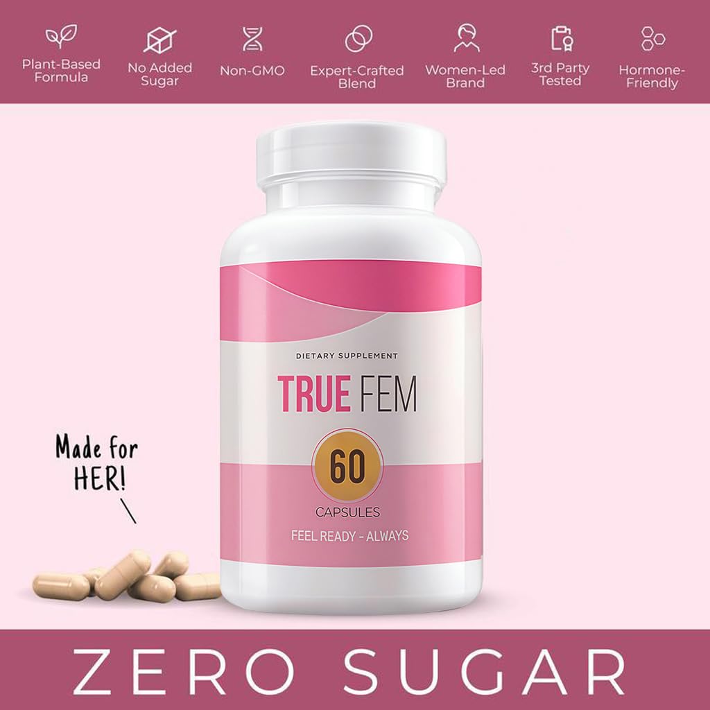 Close-up of TRUE FEM bottle top indicating tamper-evident seal for daily use.