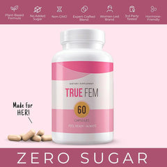 Close-up of TRUE FEM bottle top indicating tamper-evident seal for daily use.