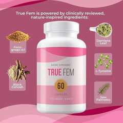 TRUE FEM 13-in-1 capsules in bottle ready for easy daily intake.