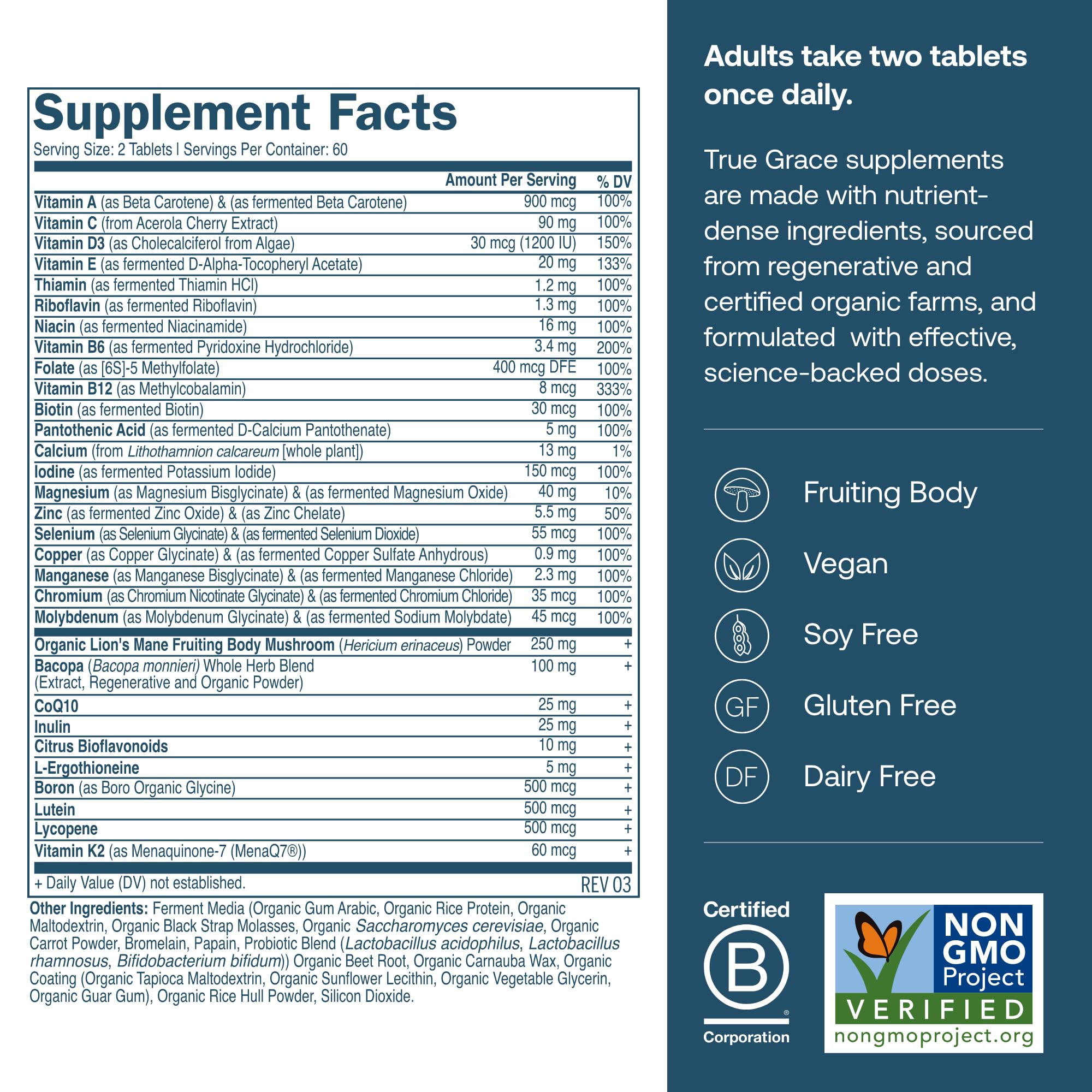 Close-up of easy-to-swallow tablets from True Grace Daily Multivitamin 50+.
