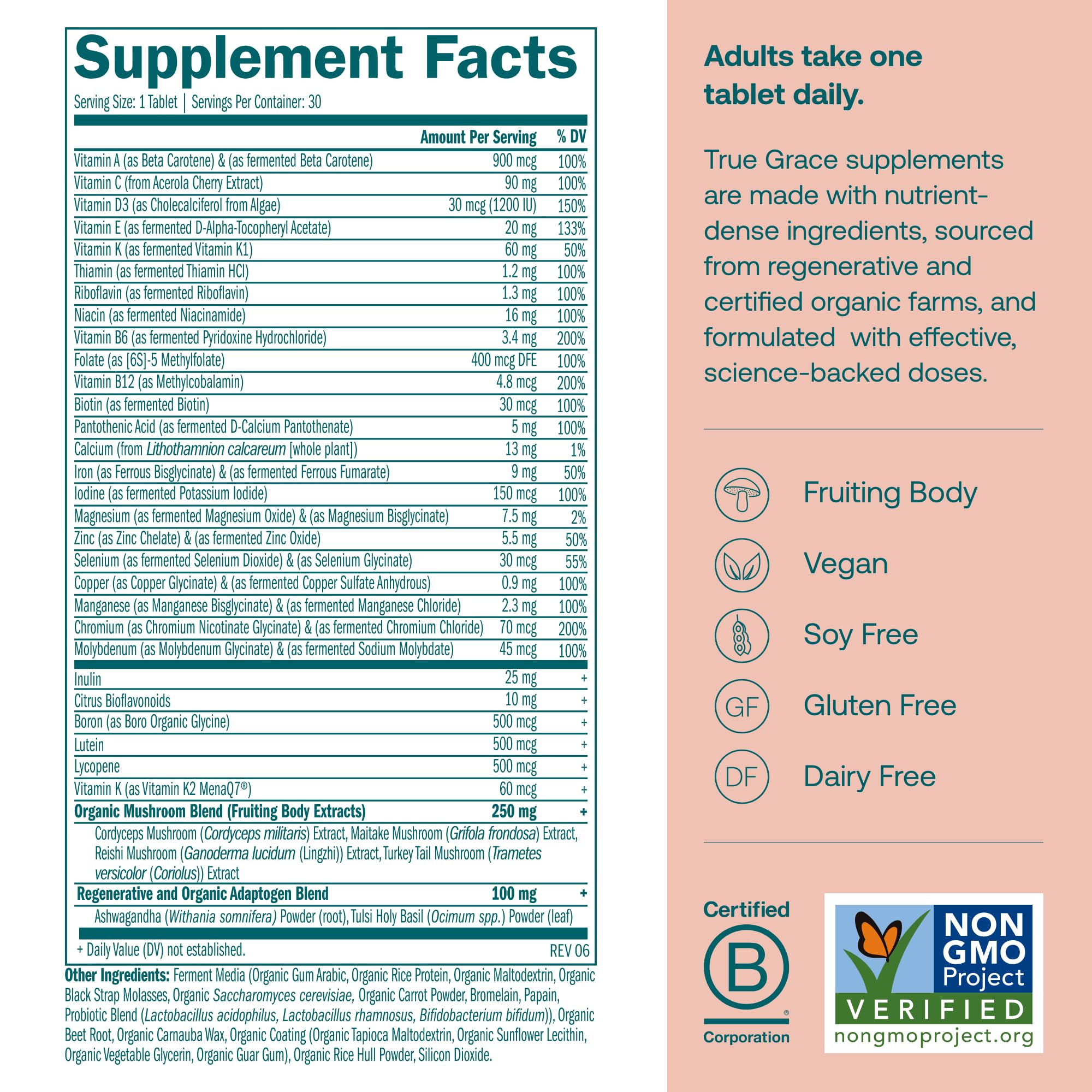 True Grace Daily Multivitamin bottle label highlights clean ingredients and sourcing.