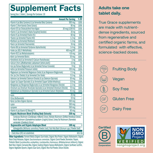 True Grace Daily Multivitamin bottle label highlights clean ingredients and sourcing.