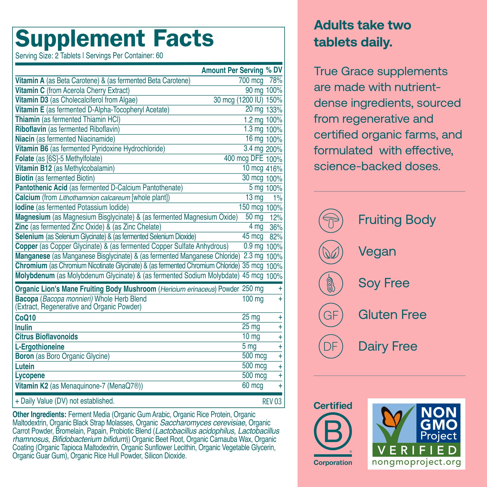 True Grace Daily Women’s Multivitamin 50+ bottle label highlights vegan, gluten-free formula.