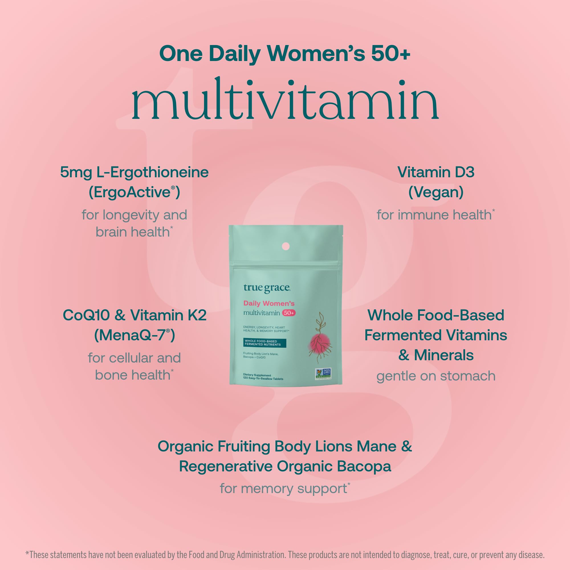 True Grace Daily Women’s Multivitamin 50+ tablets easy-to-swallow daily dose.