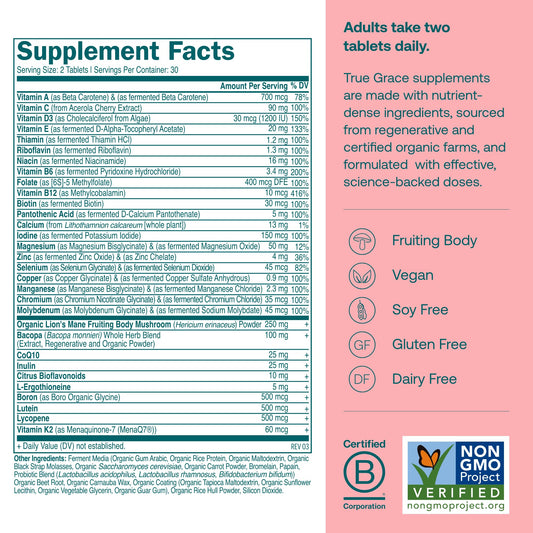 True Grace Daily Women’s Multivitamin 50+ bottle label with vegan, gluten-free notes