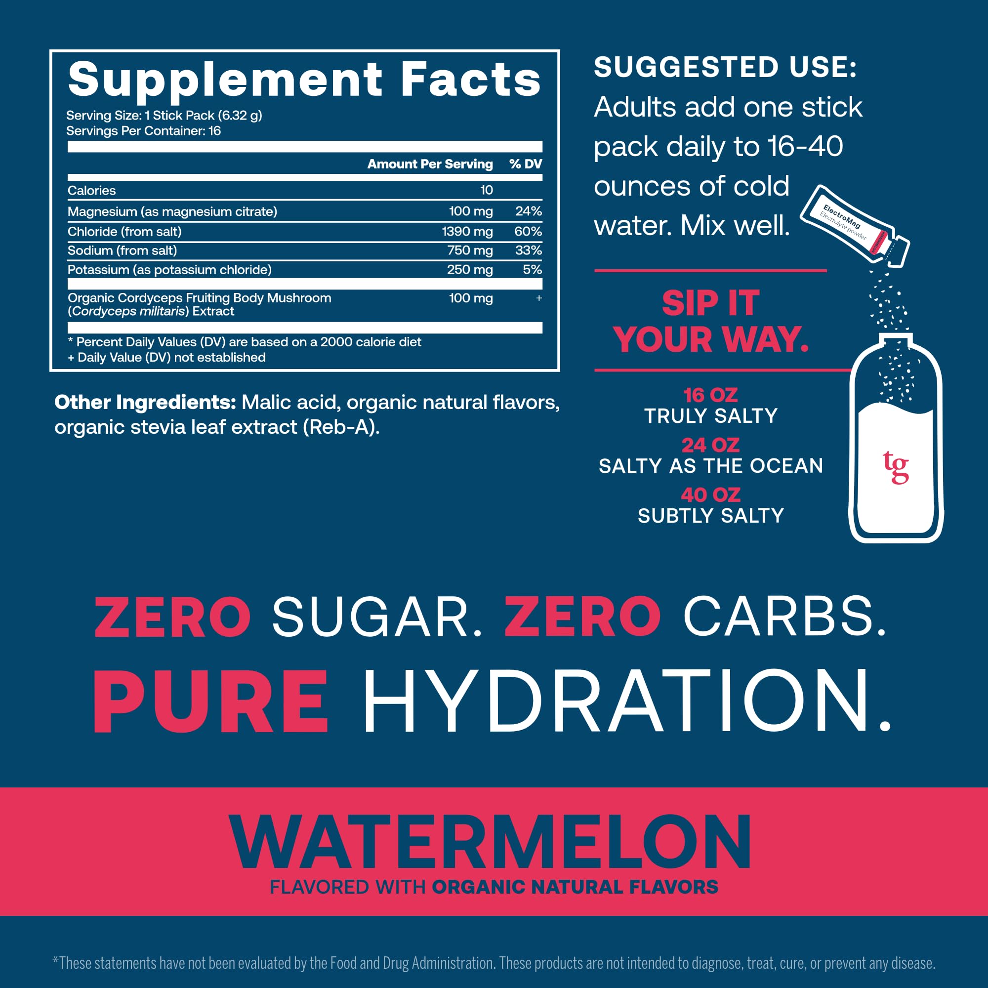True Grace ElectroMag Watermelon stick-pack back highlights zero sugar and carb-free hydration.