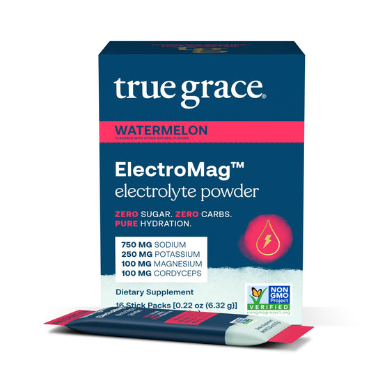 True Grace ElectroMag Watermelon stick-pack front, a refreshing hydration option for workouts.