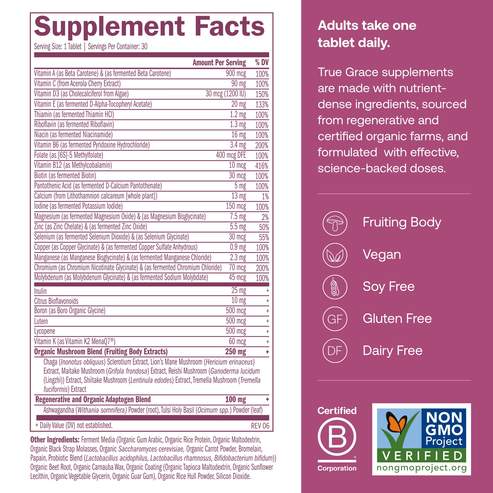 Close-up label of fermented minerals from True Grace multivitamin