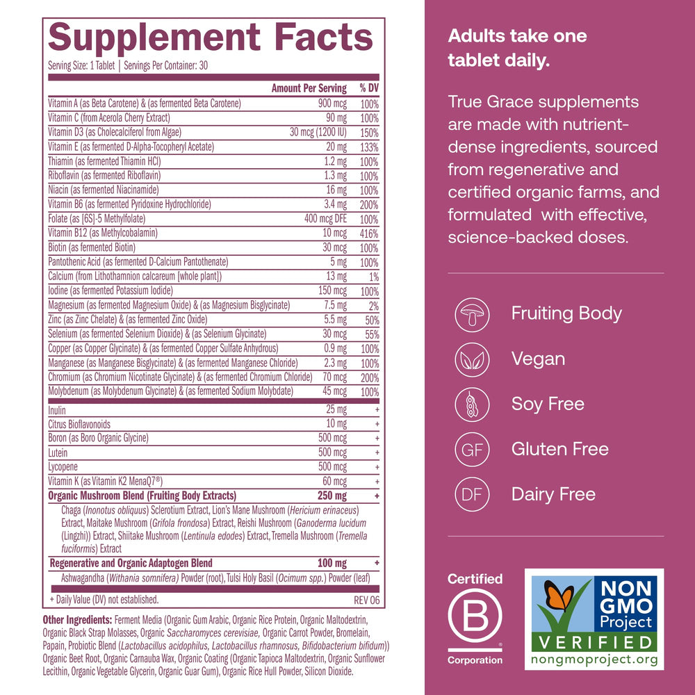 Close-up label of fermented minerals from True Grace multivitamin