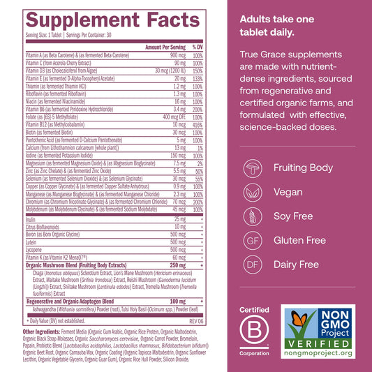 Close-up label of fermented minerals from True Grace multivitamin