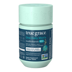 True Grace Men's 40+ multivitamin bottle front view for daily wellness support.