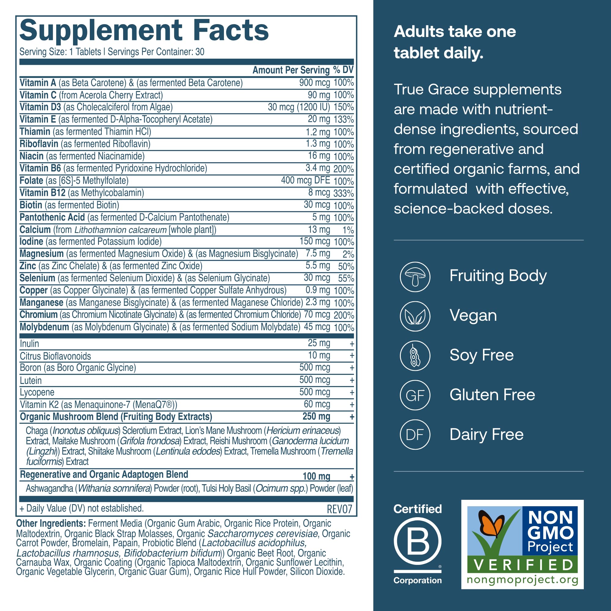 Close-up of True Grace multivitamin label highlighting fermented minerals and organic ingredients.