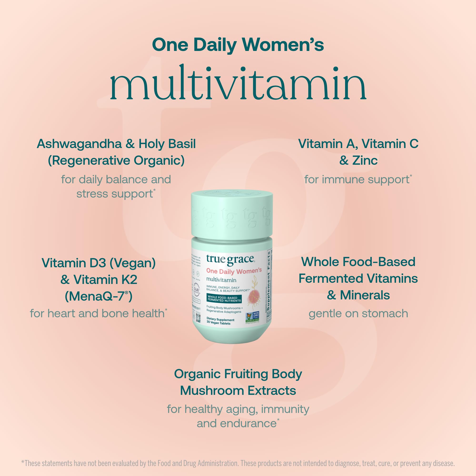 Close-up of True Grace multivitamin tablets showing vegan, fermented minerals