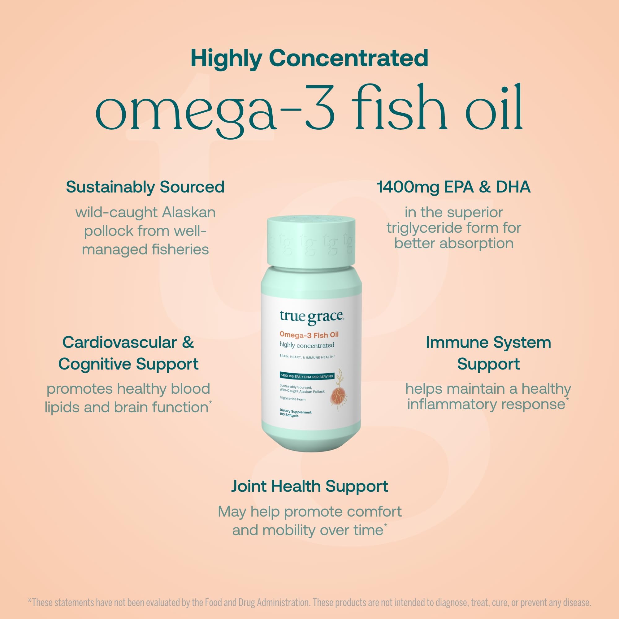 Bottle label detail of True Grace Omega-3 highlighting triglyceride form for bioavailability.