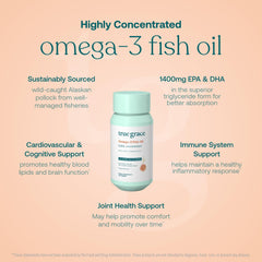 Bottle label detail of True Grace Omega-3 highlighting triglyceride form for bioavailability.