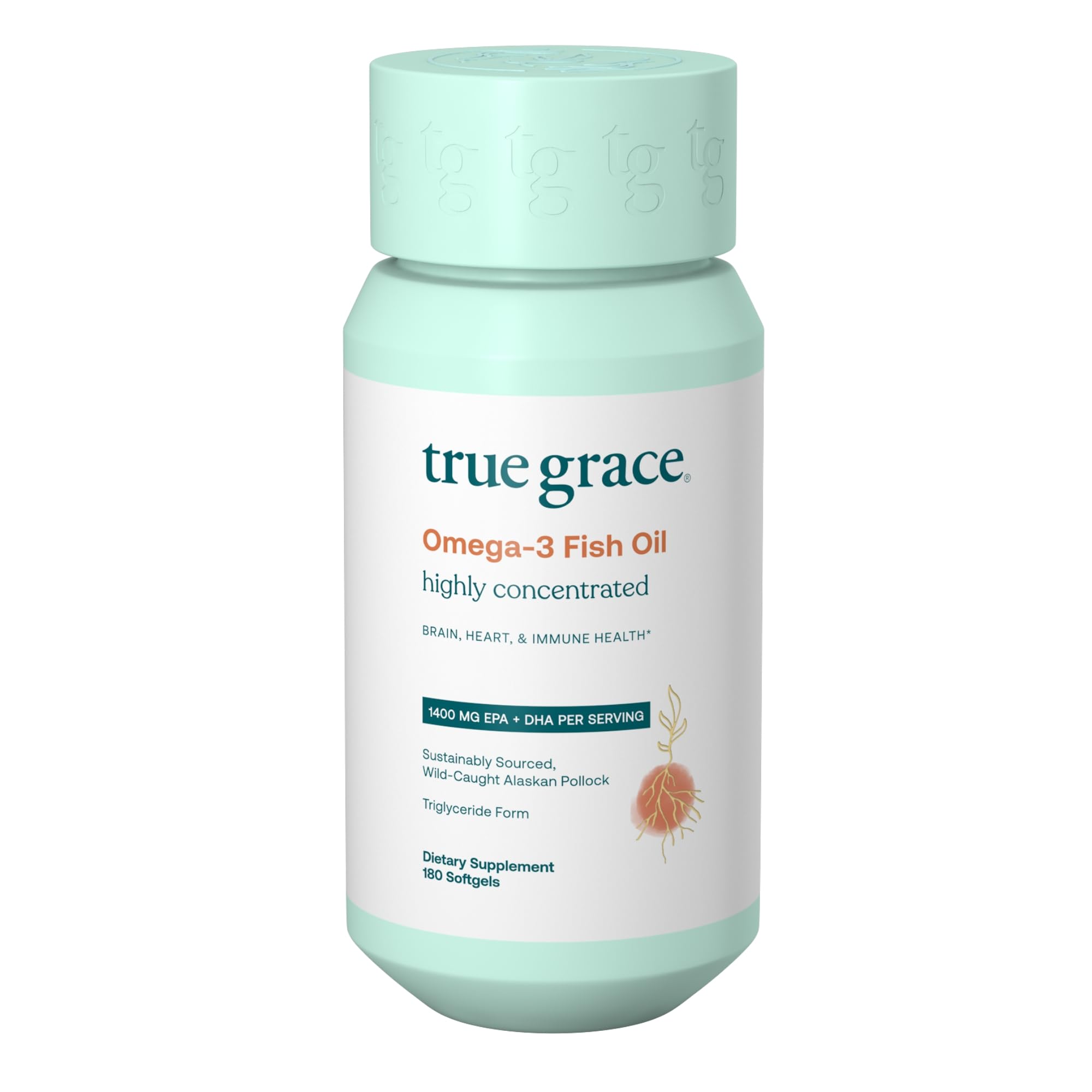 True Grace Omega-3 Fish Oil bottle with 180 softgels for daily heart and brain support.