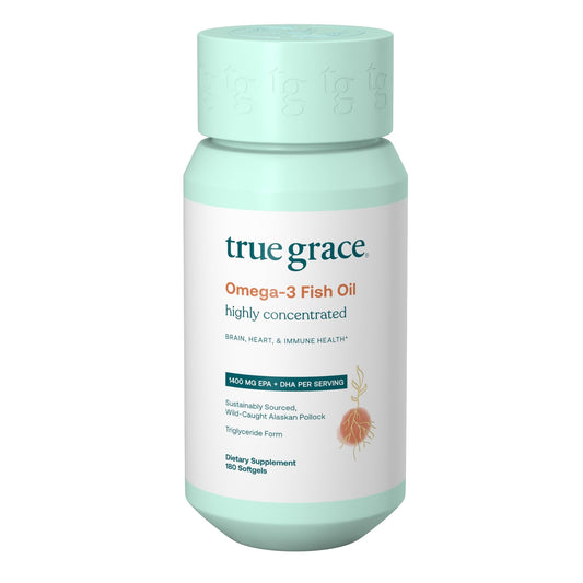 True Grace Omega-3 Fish Oil bottle with 180 softgels for daily heart and brain support.