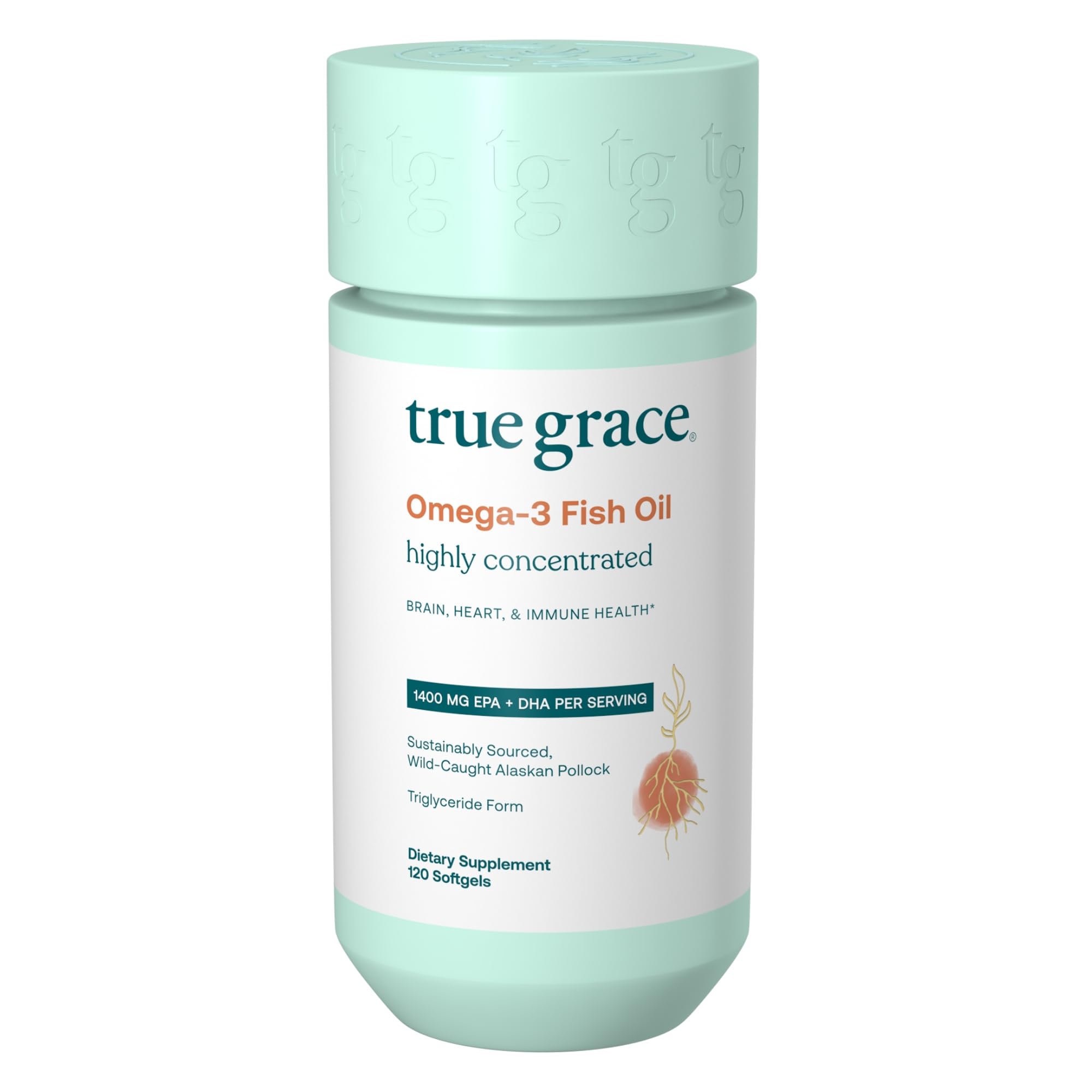 True Grace Omega-3 Fish Oil bottle showing high potency EPA and DHA.