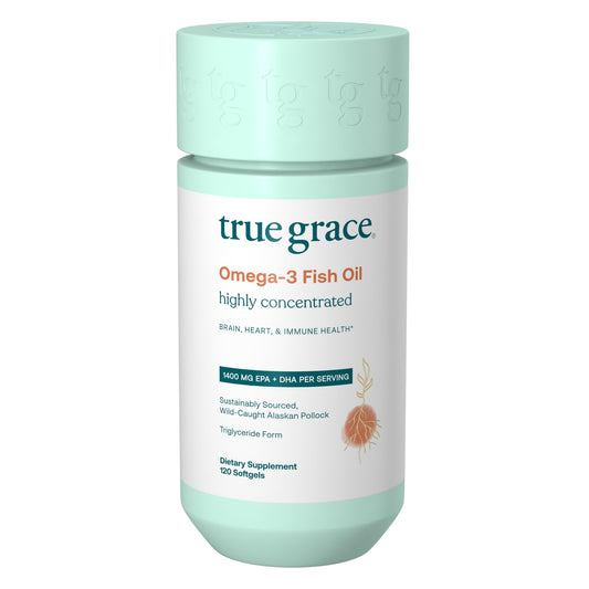 True Grace Omega-3 Fish Oil bottle showing high potency EPA and DHA.