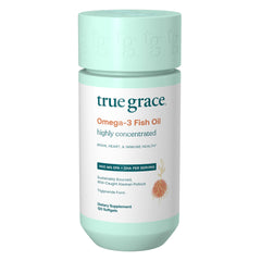 True Grace Omega-3 Fish Oil bottle showing high potency EPA and DHA.