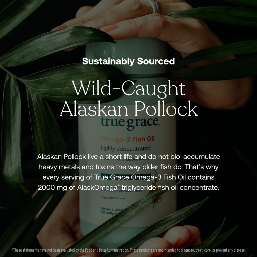 True Grace Omega-3 label close-up showing traceability from Alaskan Pollock