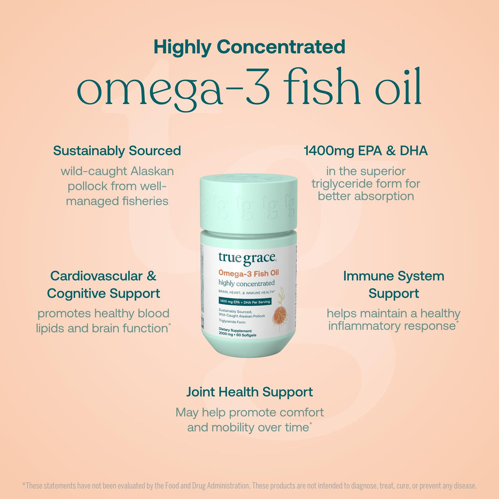 True Grace Omega-3 softgels on a tray for targeted daily support