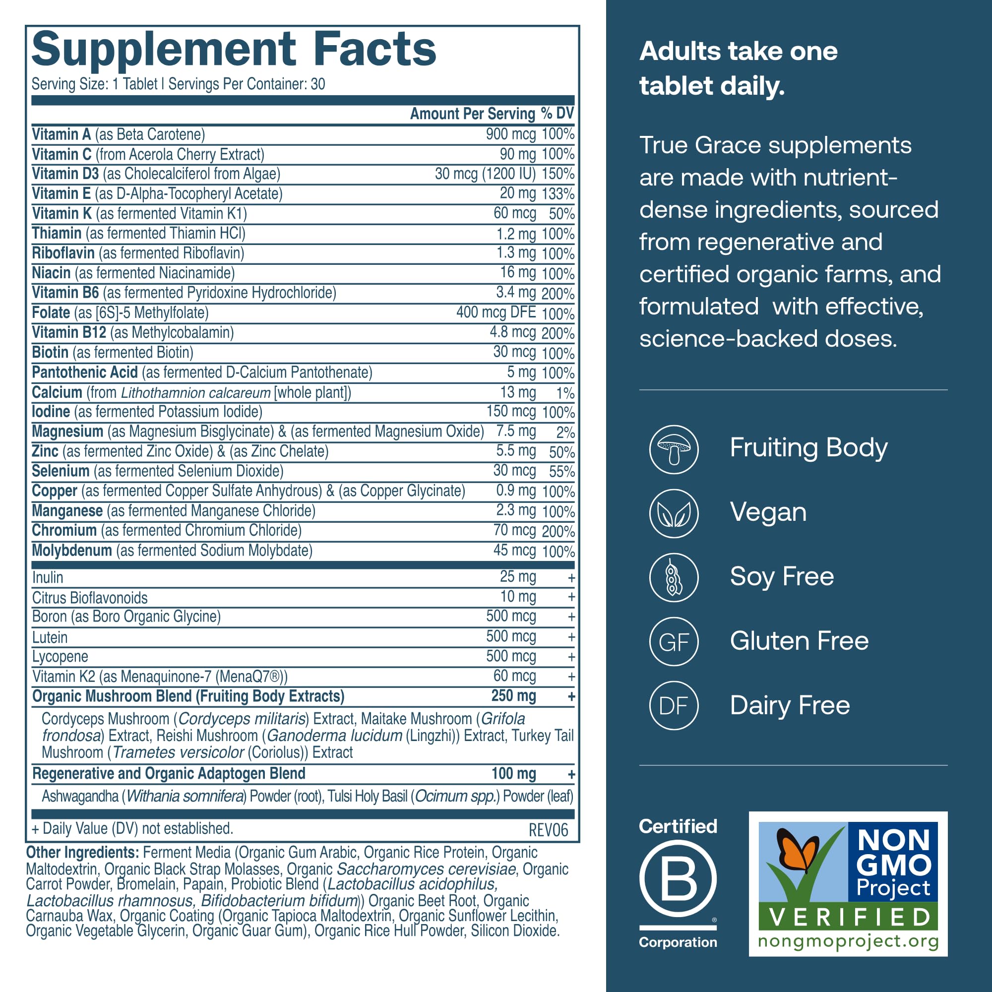 True Grace One Daily bottle back label detailing nutrients and dosage.