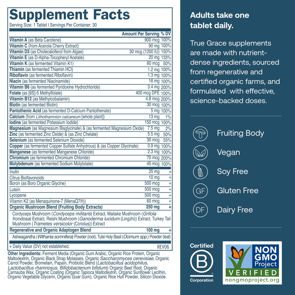 True Grace One Daily bottle back label detailing nutrients and dosage.