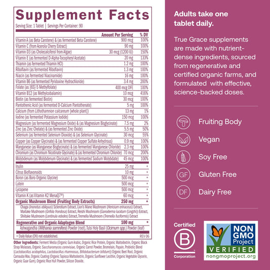 Bottle label close-up shows non-GMO vegan formula and key minerals.