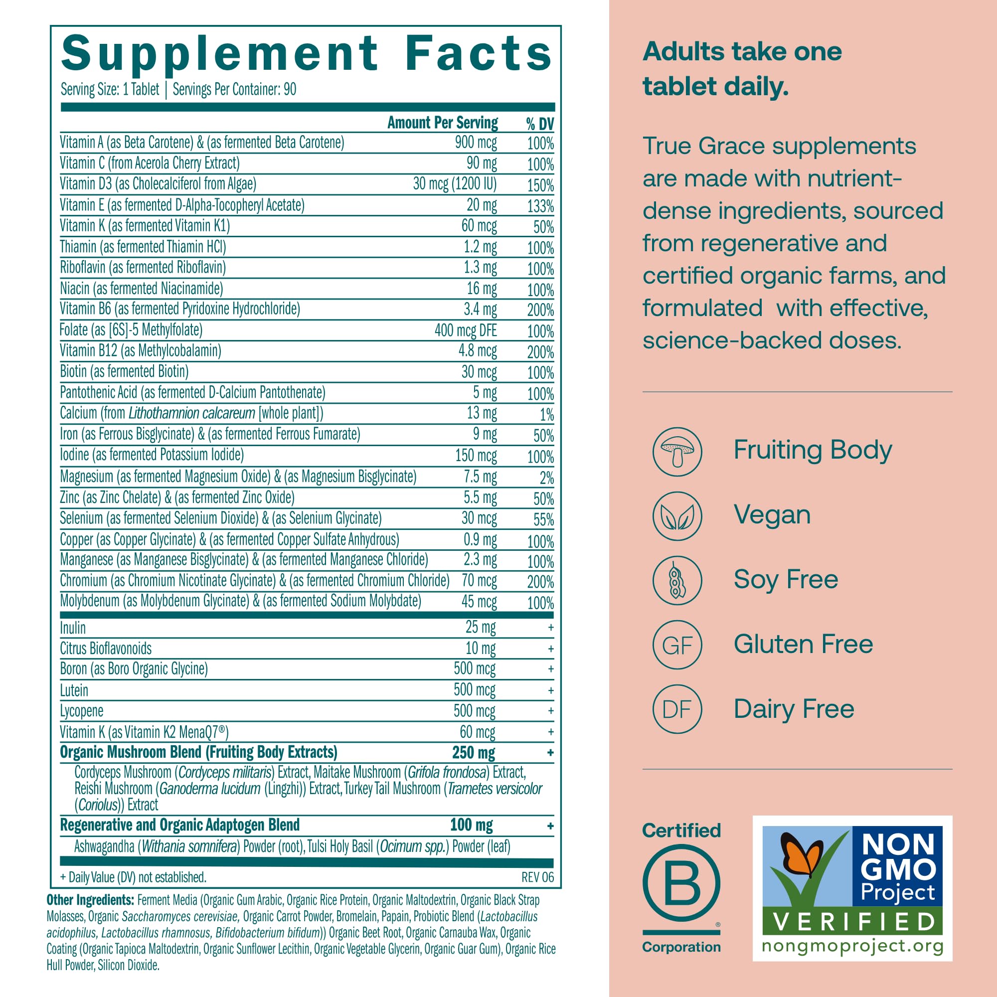 True Grace One Daily tablets close-up highlighting fermented minerals and chelated nutrients.