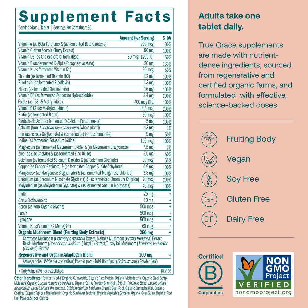 True Grace One Daily tablets close-up highlighting fermented minerals and chelated nutrients.