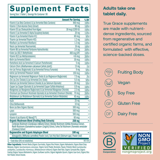 True Grace One Daily tablets close-up highlighting fermented minerals and chelated nutrients.