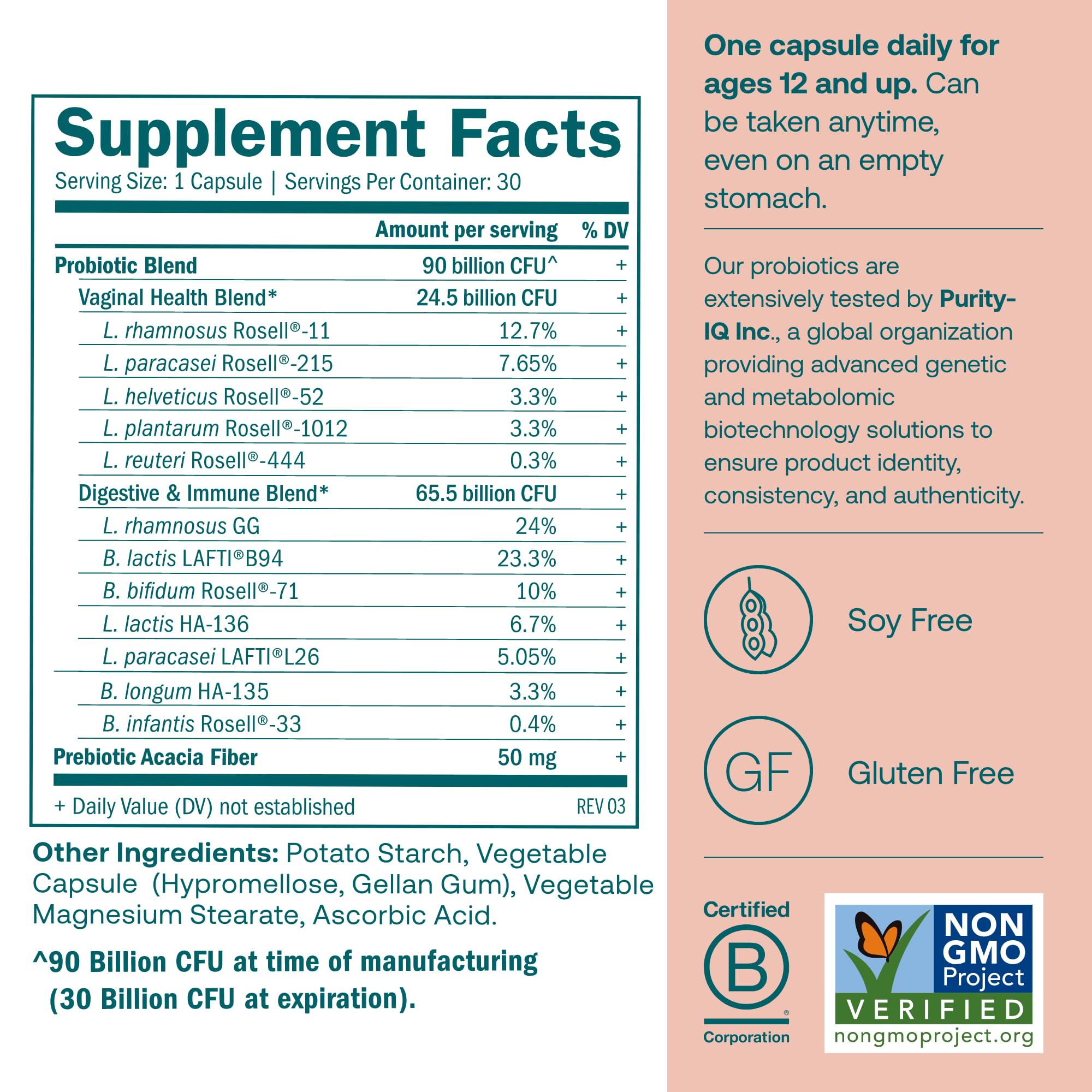 True Grace One Daily Women’s Probiotic capsules close-up highlighting vegetarian capsules.