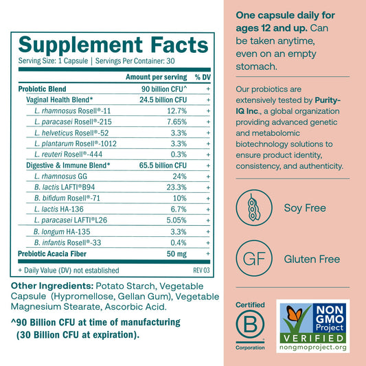 True Grace One Daily Women’s Probiotic capsules close-up highlighting vegetarian capsules.