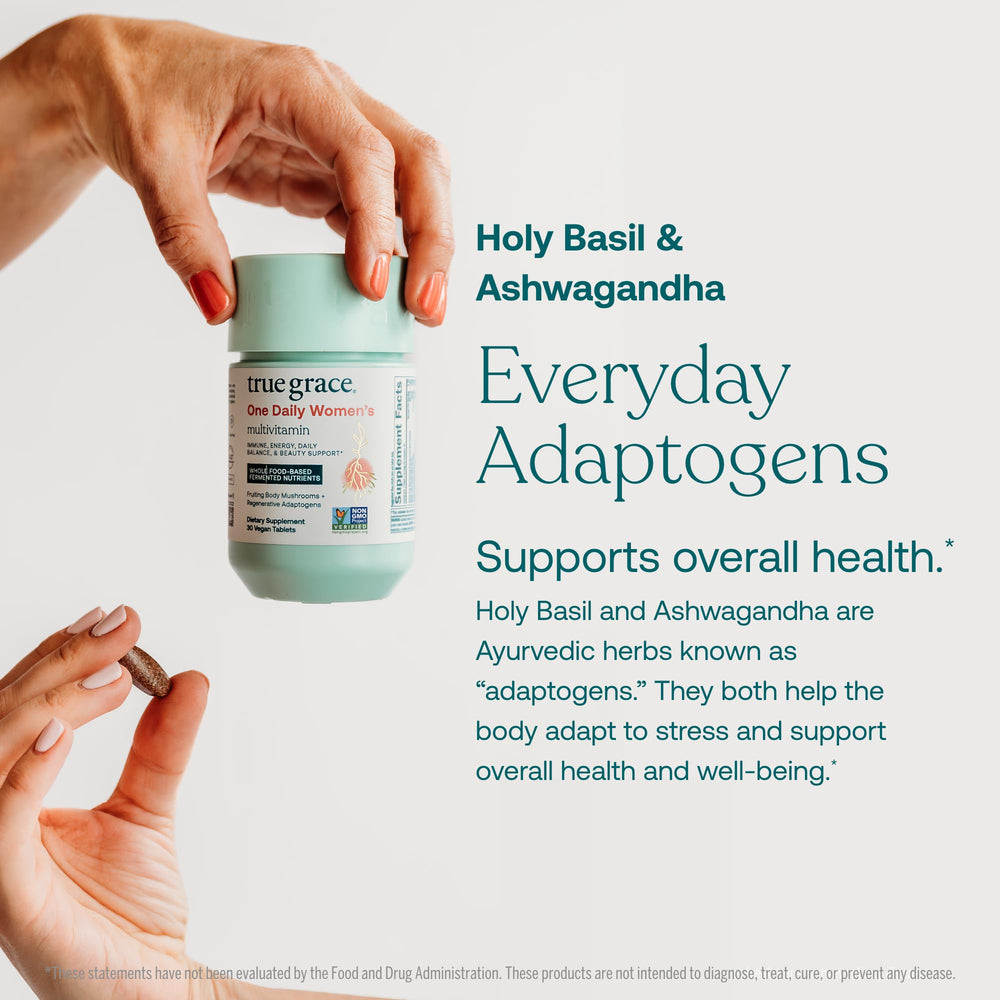 Herbal adaptogens blend suggesting potential stress resilience and balance.